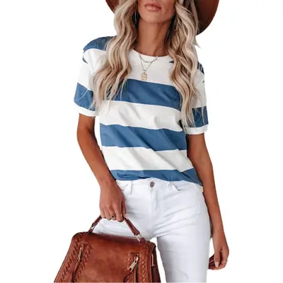 Women Blue White Stripe Round Neck T-Shirt Short Sleeve Casual Wear