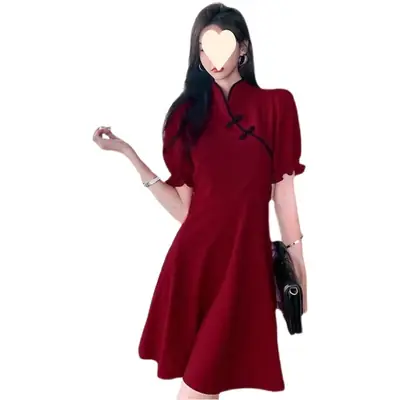 Black Cheongsam Dress Women Mid-Length Slimming Skirt Bubble Sleeve