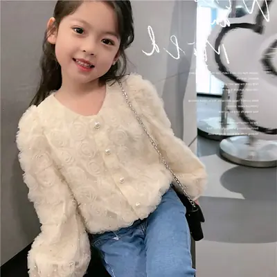 Girls White Embroidered Cardigan Coat Large Spring