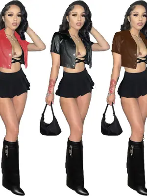 Black Leather Short Sleeve Skirt & Knee High Boots Set