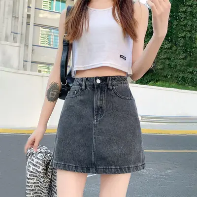 Women Denim High Waist Skirt Black Grey Summer
