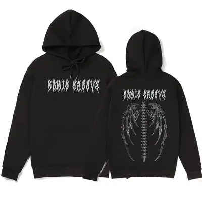 Black Fleece Hoodie with Retro Flame & Skull Design for Men Women