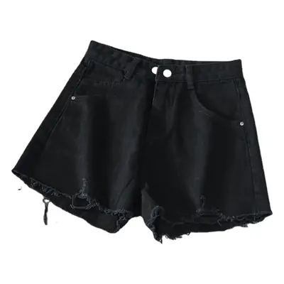 Women Denim Shorts White High Waist Ripped Wide Leg