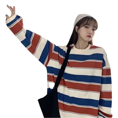 Women Striped Sweatshirt Blue White Long Sleeve 2022