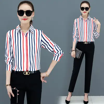 Women Striped Long Sleeve Lapel Blouse Black White