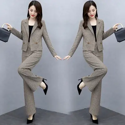 Korean Style Plaid Wide Leg Pants 2-Piece Suit for Women