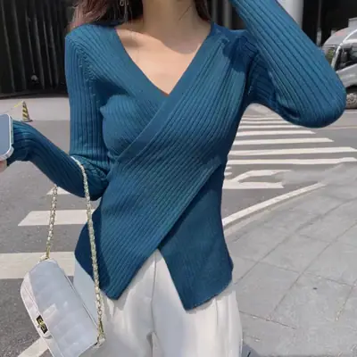 Women V-Neck Knitted Sweater Grey Slim Fit