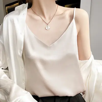 White V-Neck Acetate Camisole for Women Slim Fit