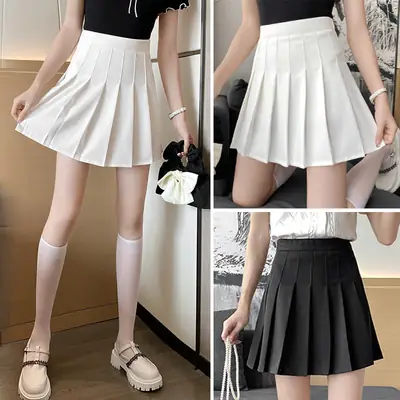 Women's Black Pleated Skirt High Waist Elastic Waist