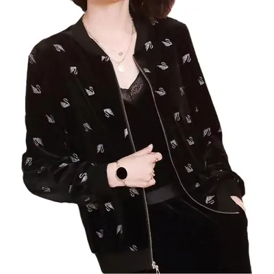 Women Velvet Crossbody Jacket Gold Embroidered Long Sleeve