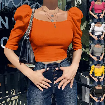 Orange Puff Sleeve Top with Belt for Women