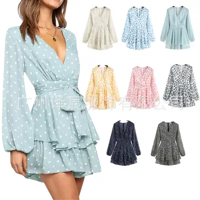 Women Printed Lace-Up Jumpsuit Dress Blue White