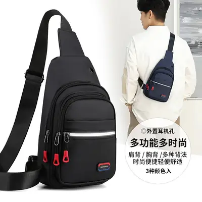 Men Navy Blue Oxford Crossbody Bag with Red Zippers