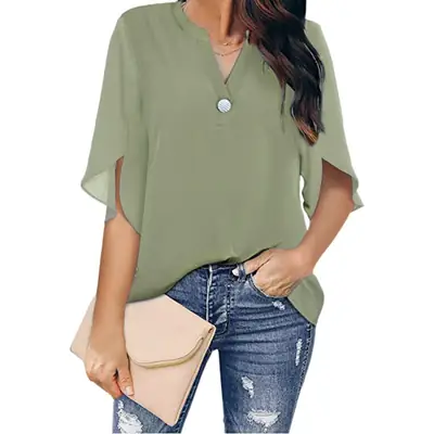 2024 Women's White Chiffon Short Sleeve V Neck Shirt