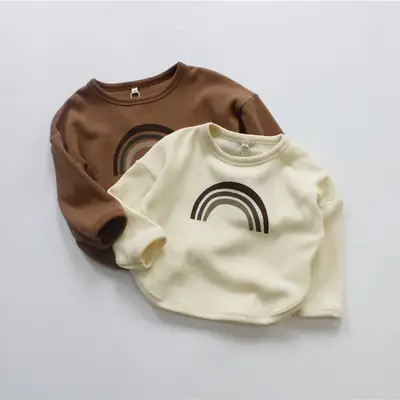 2026 Spring Kids Waffle T-Shirt Brown White Loose Round Neck