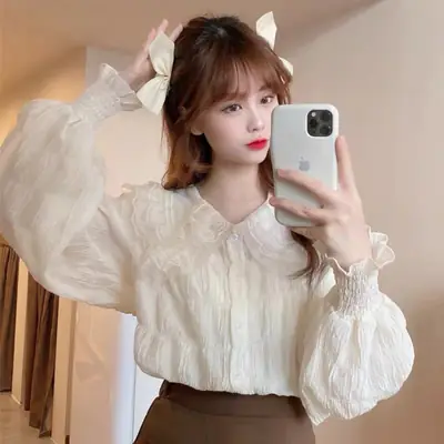 Sweet Pleated Doll Collar Shirt Women 2025 Spring Autumn