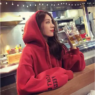 Women Red Fleece Hooded Sweatshirt Long Sleeve