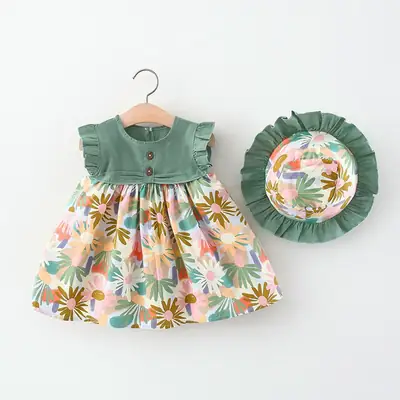 Girls Summer Sleeveless Printed Dress Green Floral