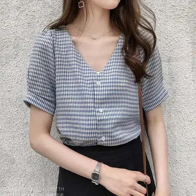 Women Plaid V-Neck Short Top Summer Wear