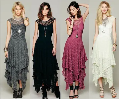 Women's Lace Long Skirt Dress with Round Neck