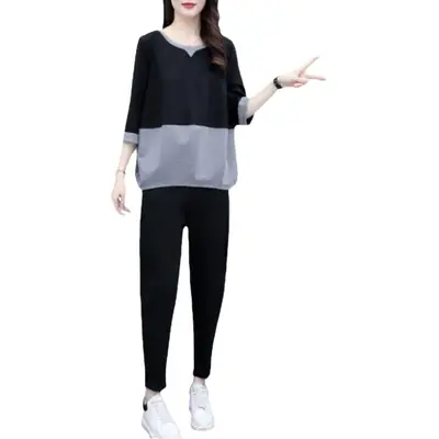 Women Korean Style Black Grey Loose Leg Pants Set