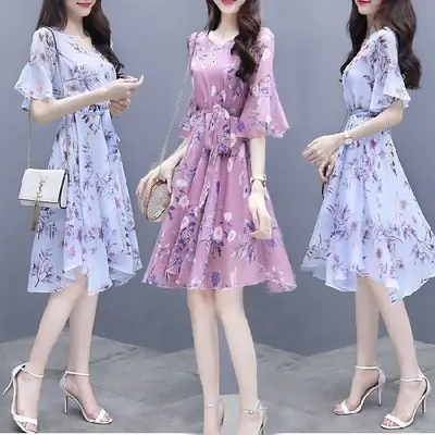 Women's Pink Floral High Waist Dress