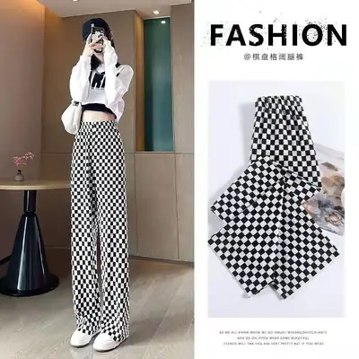 Women Ice Silk Checkered Wide Leg Pants Black White Leopard Print