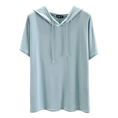 Women Light Blue Hooded T-Shirt Large Loose Summer Wear