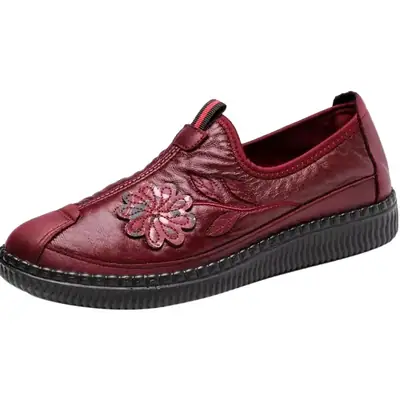 Women's Maroon Embroidered Slip-On Shoes