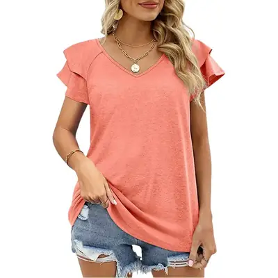 Women V Neck Ruffled Sleeve T-Shirt Blue Summer