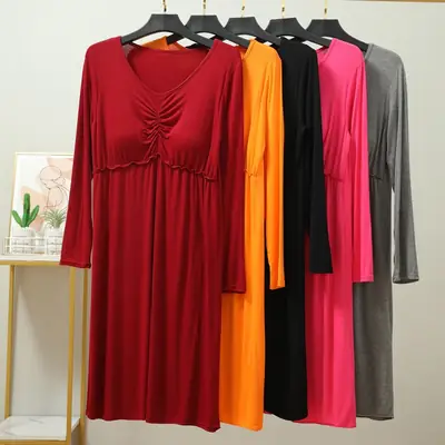 Korean Style Nightdress with Chest Pad, Black, Long Sleeve, Stretchable