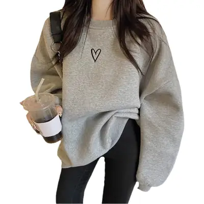 Women Velvet Heart Sweatshirt Grey Loose Long Sleeve
