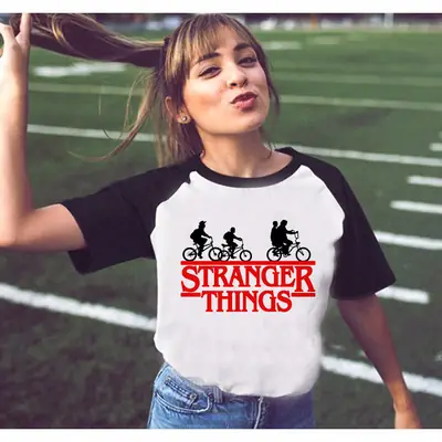 Stranger Things Raglan T-Shirt White Black Loose Fit
