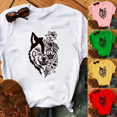 Women Blue T-Shirt with Wolf Flower Print
