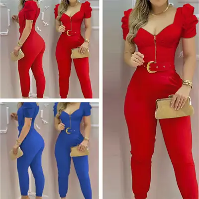 2022 Red V-Neck One-Piece Suit for Women