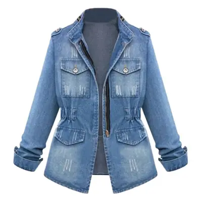 Women Denim Jacket Light Blue Zipper Decorated Elastic Waist