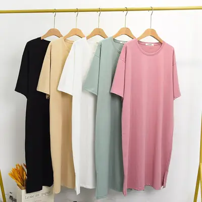Korean Style Cotton Dress Green Side Slit Midi Large