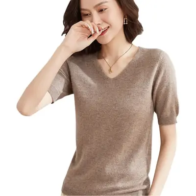 Women V Neck Knitted T-Shirt Brown 2025 Spring Fall