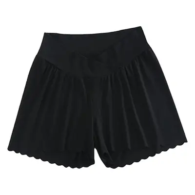 Maternity Black Shorts Elastic Waist Scalloped Edge