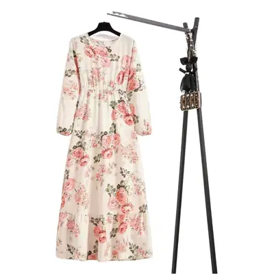 Women Floral Chiffon Long Dress Spring Crewneck Skirt Waist