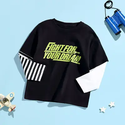 Pink Long Sleeve T-Shirt for Boys Pure Cotton Fake Two Piece