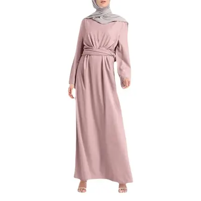 New Cross-Border Elegant Belt Robe Dress Solid Pink