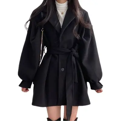 Black Korean Style Woolen Women's Coat Jacket Set