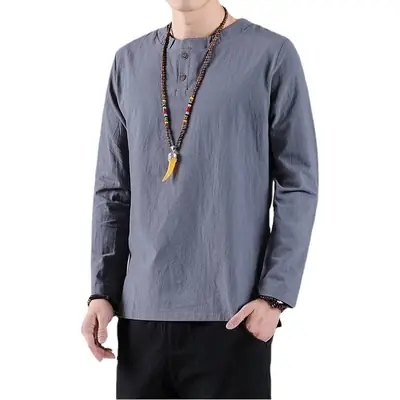 Men Long Sleeve T-Shirt Blue Cotton Linen Round Neck