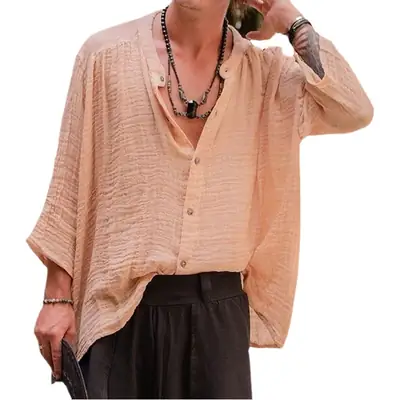 Men's Cotton Linen Long Sleeve Shirt Solid Beige 2022