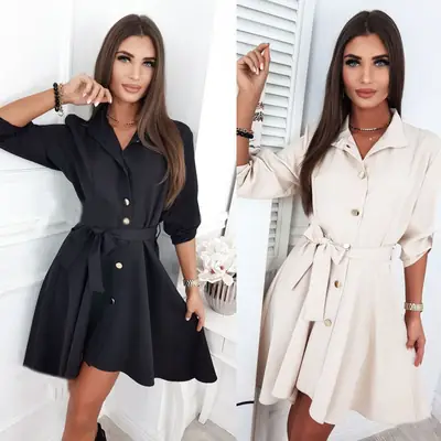 Black Lace-Up Lapel Dress for Women 2024