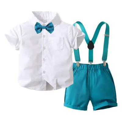 Boys Green Bowtie Short Sleeve Suit with Suspenders