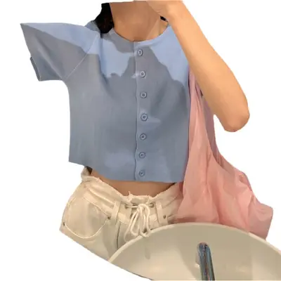 Women Slim Fit Blue Knitted Short Top 2025
