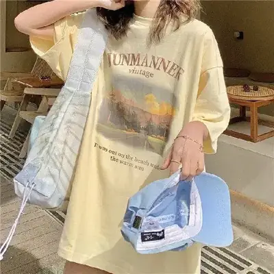 Women Loose Sleeve T-Shirt 2025 Summer Elegant Street French Print