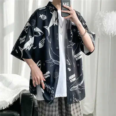 Men's Cartoon Print Short Sleeve Shirt Black 2022